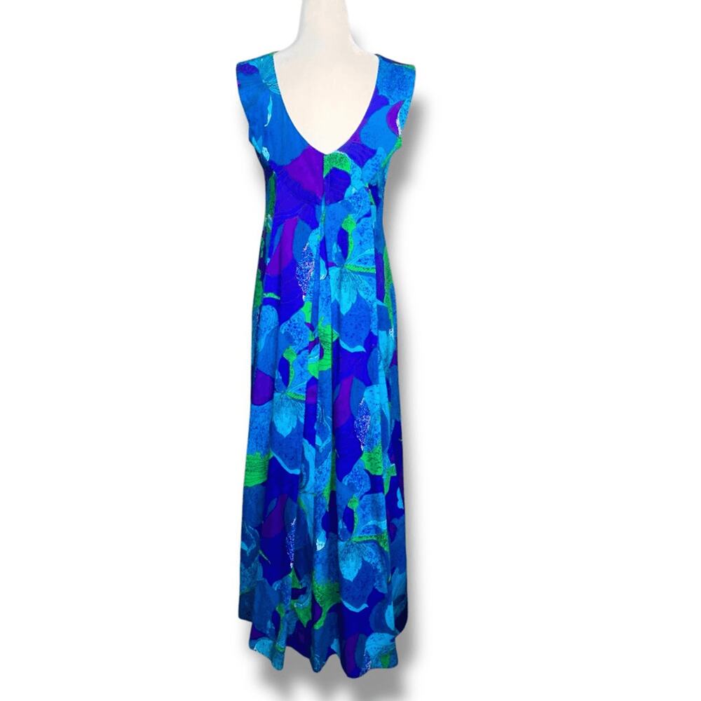 Vintage 60s Hale Muu Hawaiian Maxi Dress Blue Purple Green Abstract Floral Small - Picture 7 of 13